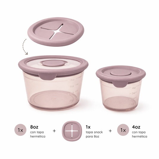 Pack snack: 2 contenedores anti-derrame + 1 tapa snack anti-caída