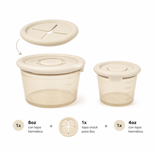 Pack snack: 2 contenedores anti-derrame + 1 tapa snack anti-caída