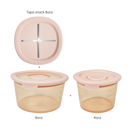 Pack snack: Contenedores 8onz + 4onz + tapa snack anti-caída