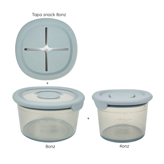 Pack snack: Contenedores 8onz + 4onz + tapa snack anti-caída