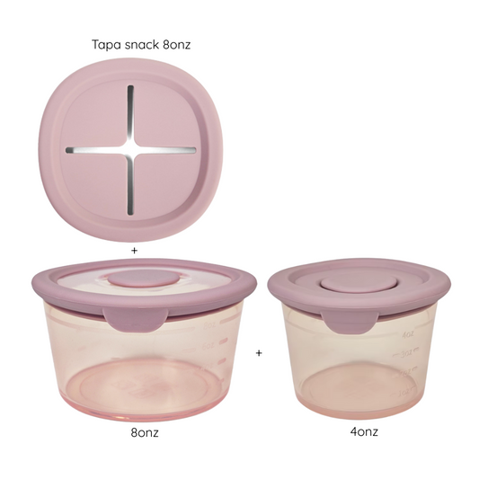 Pack snack: Contenedores 8onz + 4onz + tapa snack anti-caída