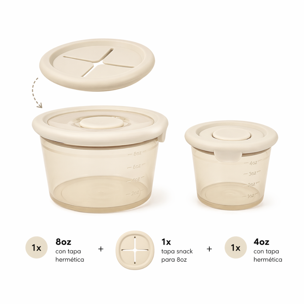 Pack snack: 2 contenedores anti-derrame + 1 tapa snack anti-caída