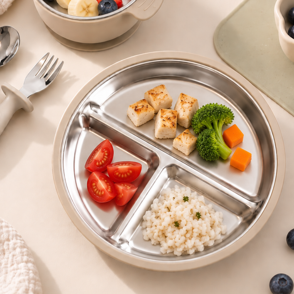 Plato con divisiones y succión · Inox + Silicona