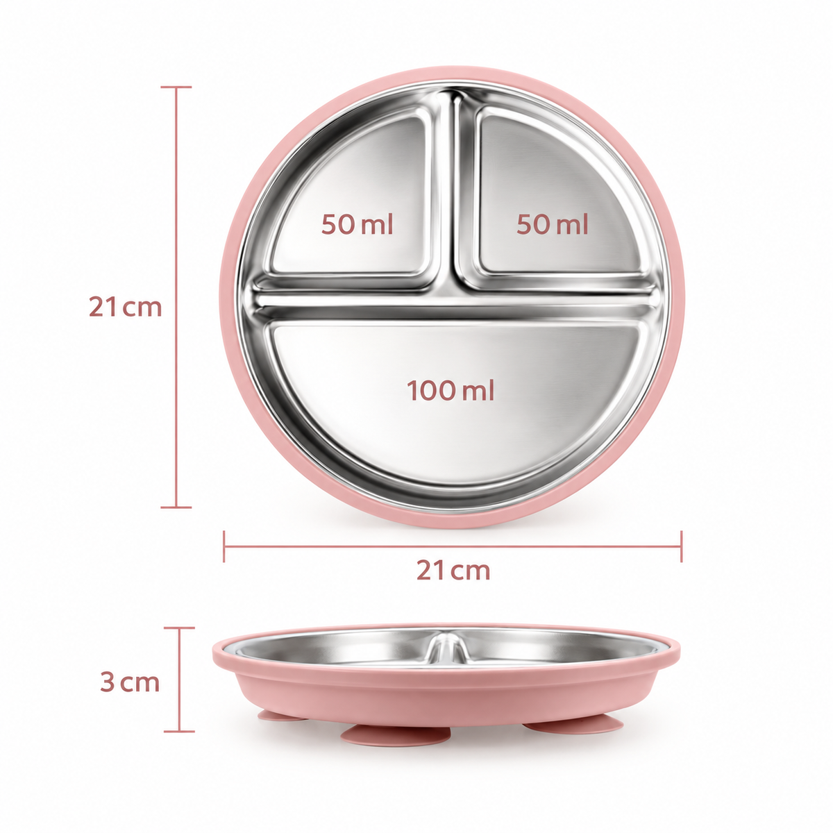 Plato con divisiones y succión · Inox + Silicona