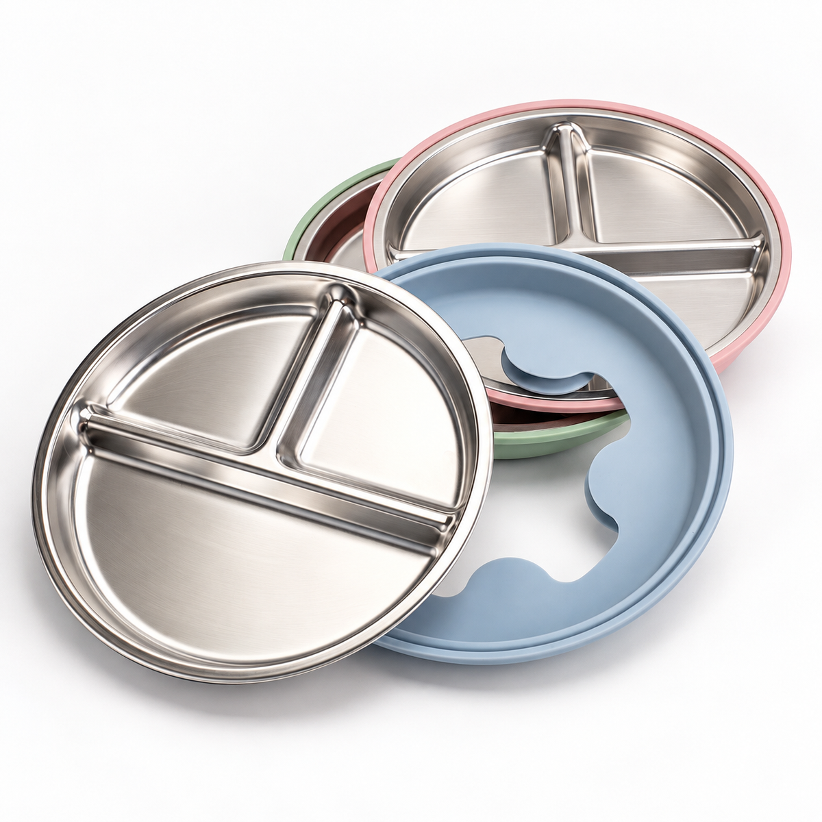 Plato con divisiones y succión · Inox + Silicona