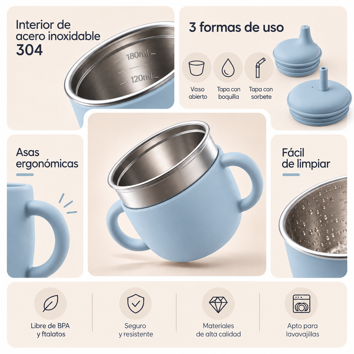 Vasito evolutivo 3 en 1 (180ml) · Inox + Silicona